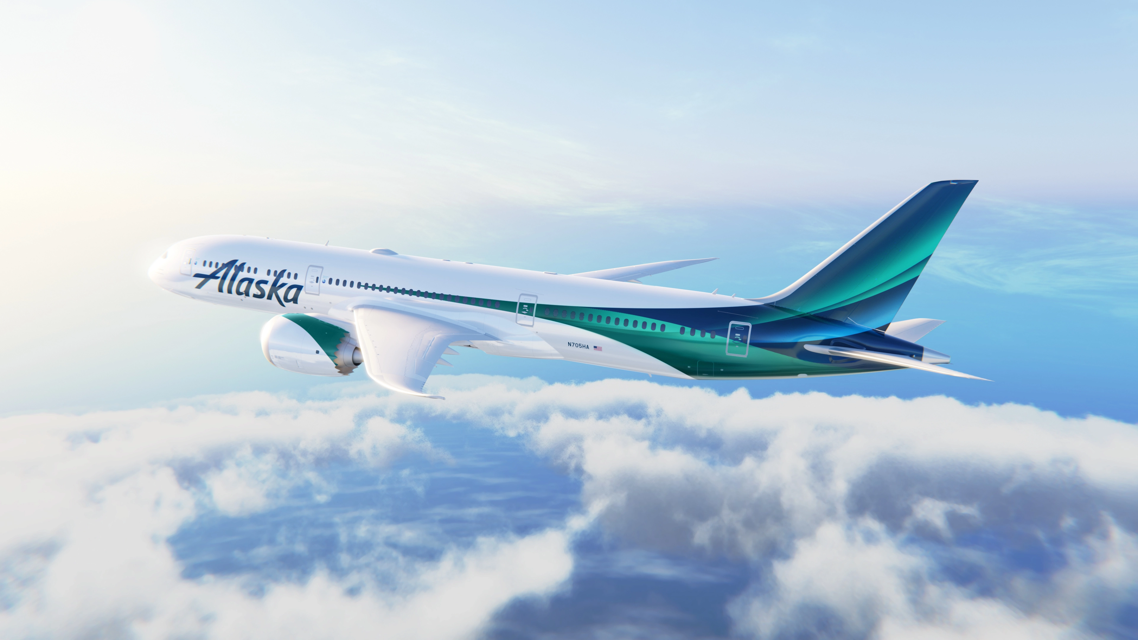 The new Alaska Airlines global livery on a Boeing 787, inspired by the Aurora Borealis.