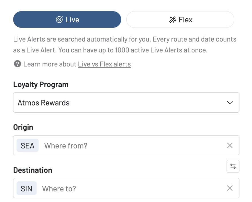Setting an award alert for an Atmos Rewards flight.