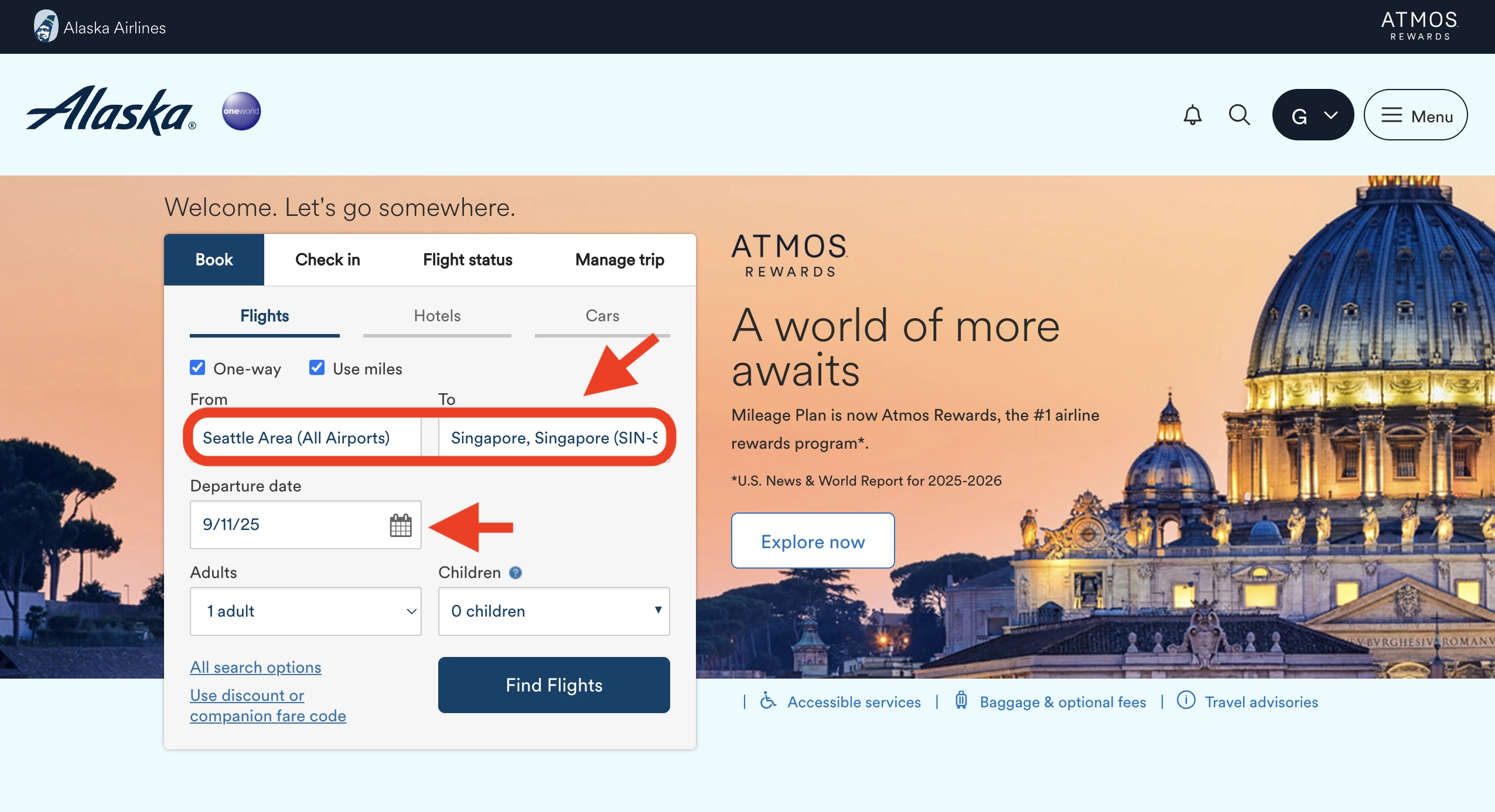 Using the flight search tool on the Atmos Rewards website