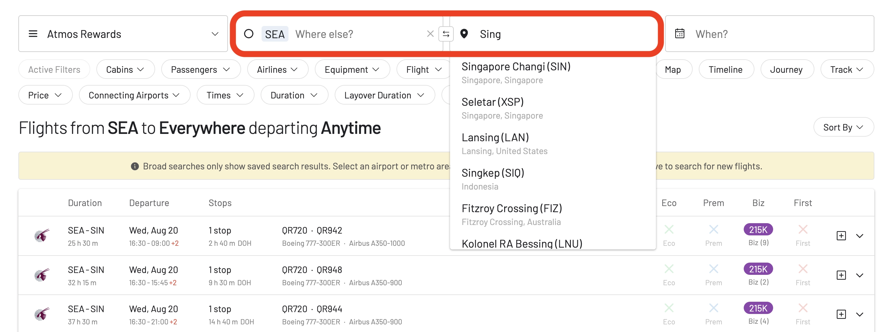 Select the origin and destination to search for Atmos Rewards award flights.