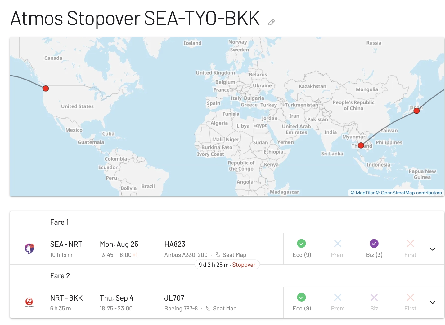 A free stopover with Atmos Rewards on a flight from Seattle to Bangkok via Tokyo.