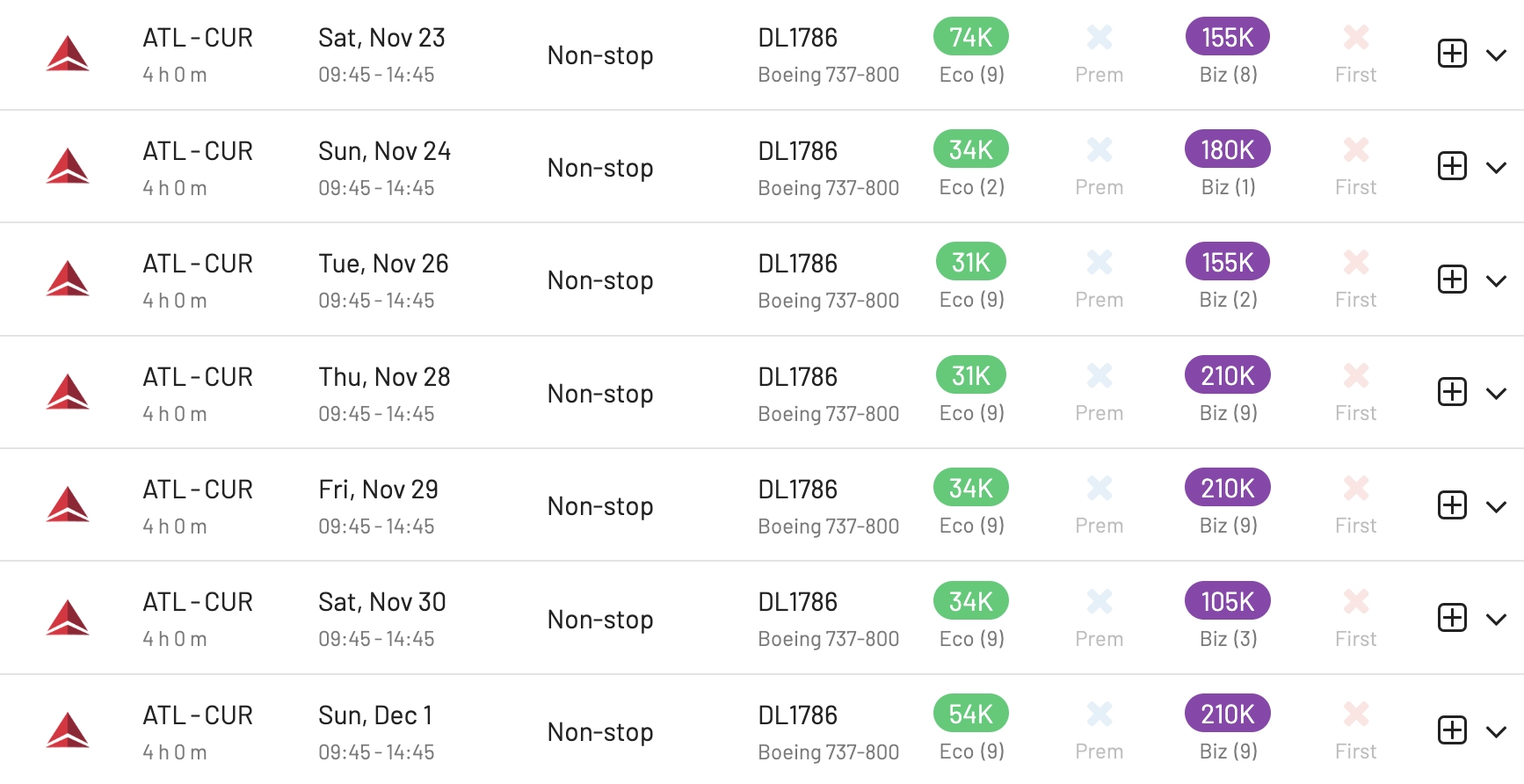New Delta Air Lines route from Atlanta to Curacao . SkyMiles availability with AwardFares.