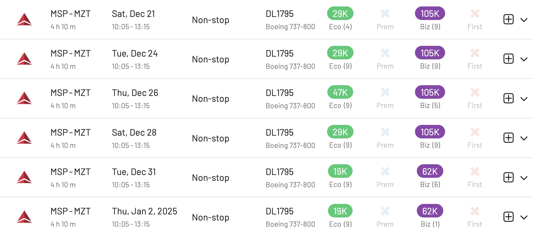 New Delta Air Lines route from Minneapolis to Mazatlán . SkyMiles availability with AwardFares.
