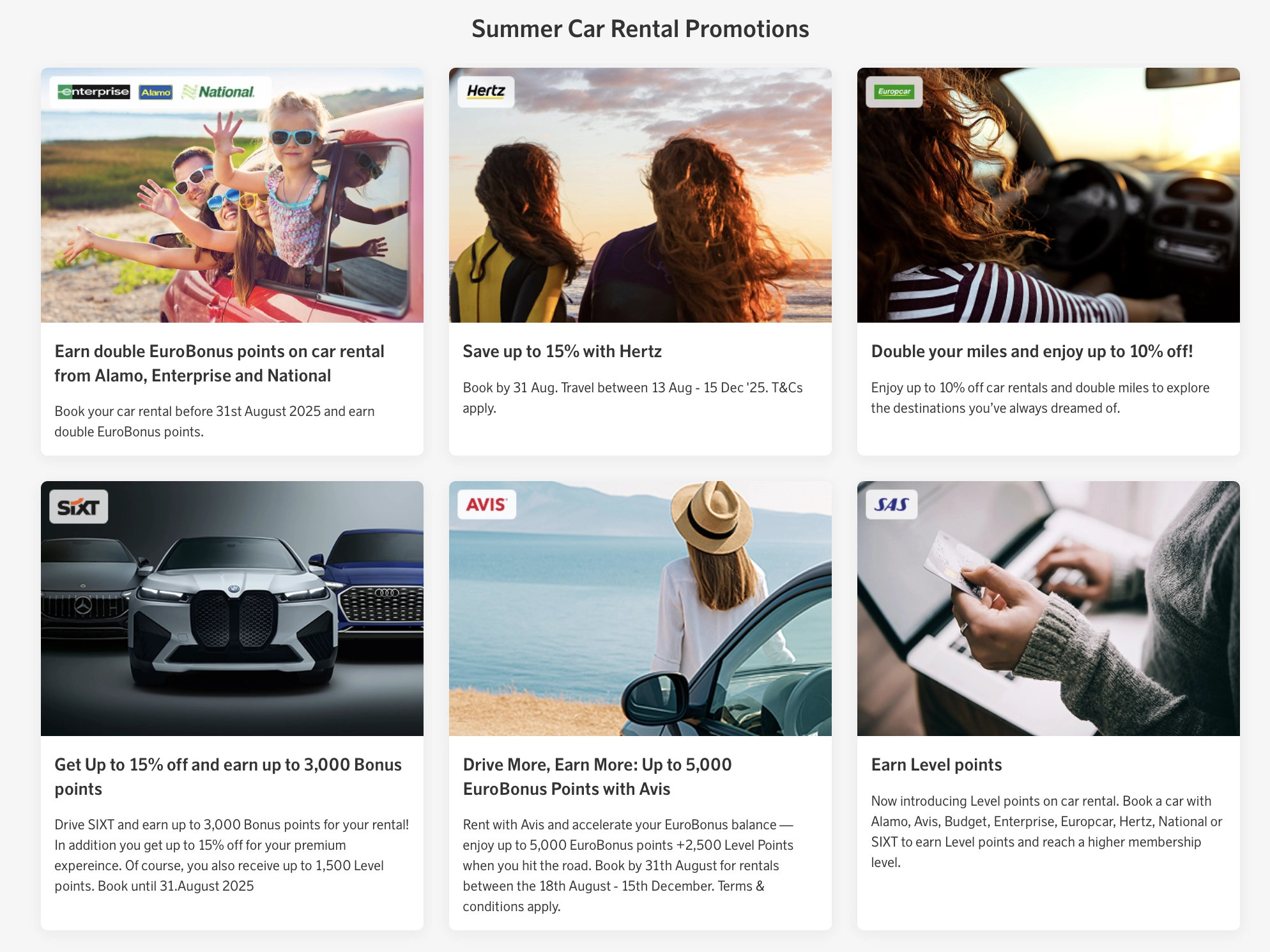 Various car rental summer offers by SAS EuroBonus including Avis, Hertz, and SIXT