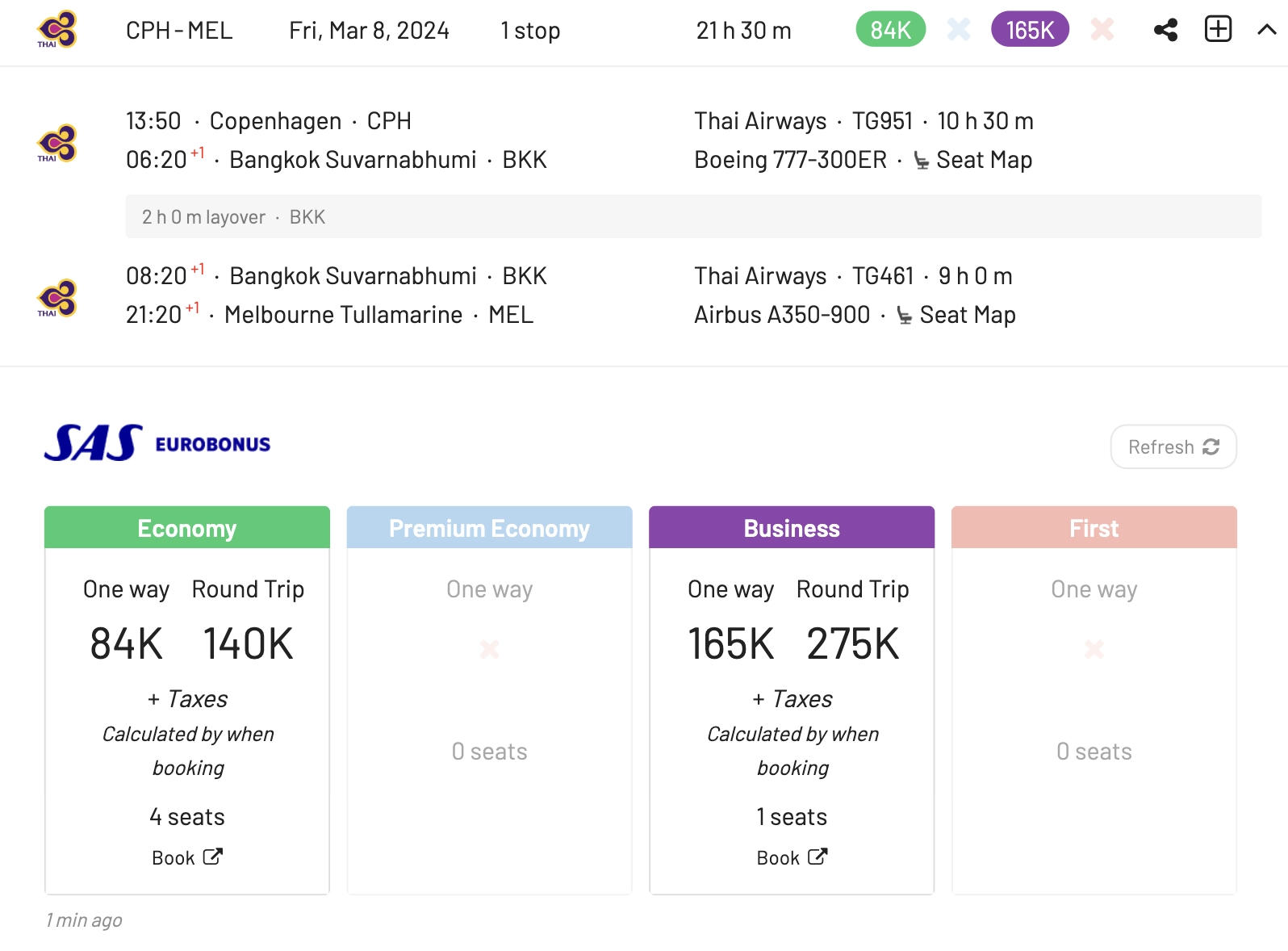 Thai Airways Business Class Awards with EuroBonus Points (Dec 2023).