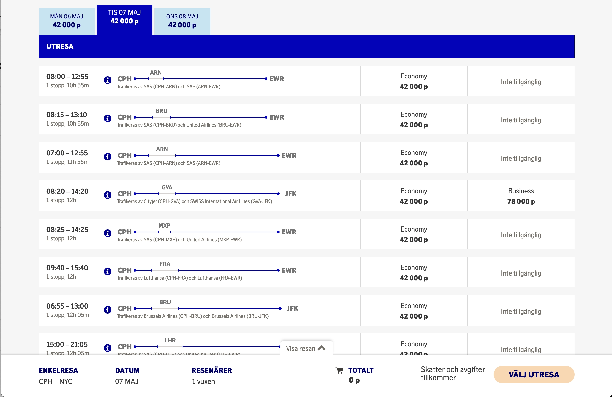 CPH to NYC using EuroBonus points.