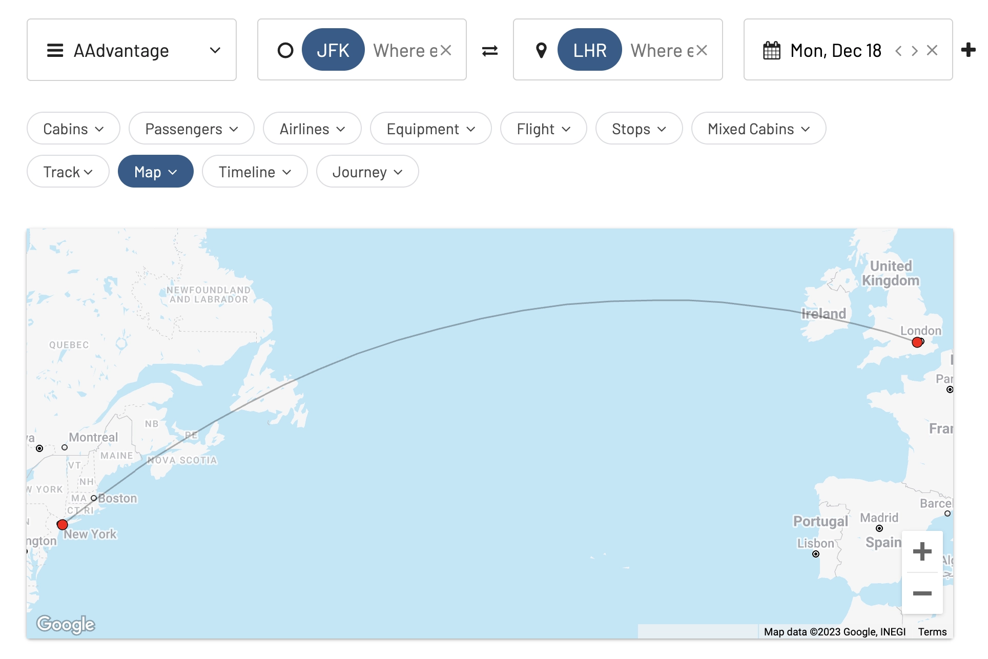 AAdvantage award flights between New York JFK and London Heathrow LHR using AwardFares.
