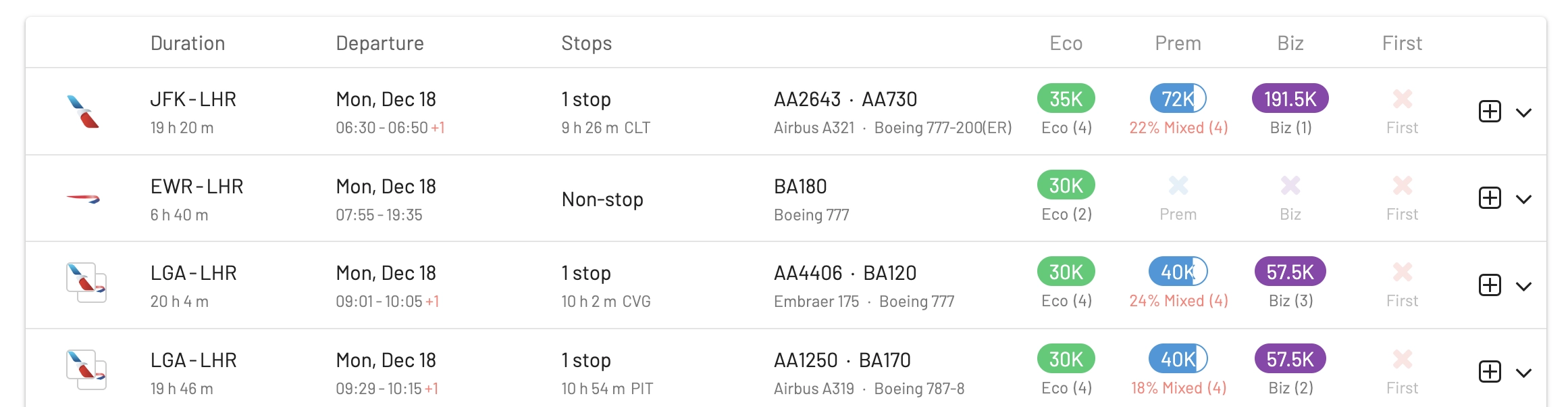 NYC to LHR in AwardFares.