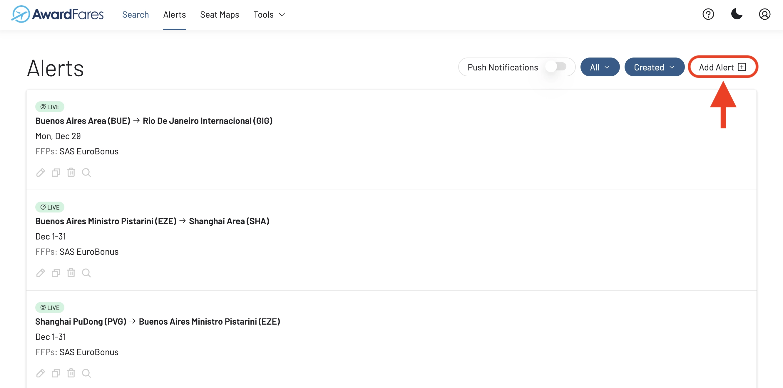 Create a new alert button in AwardFares.