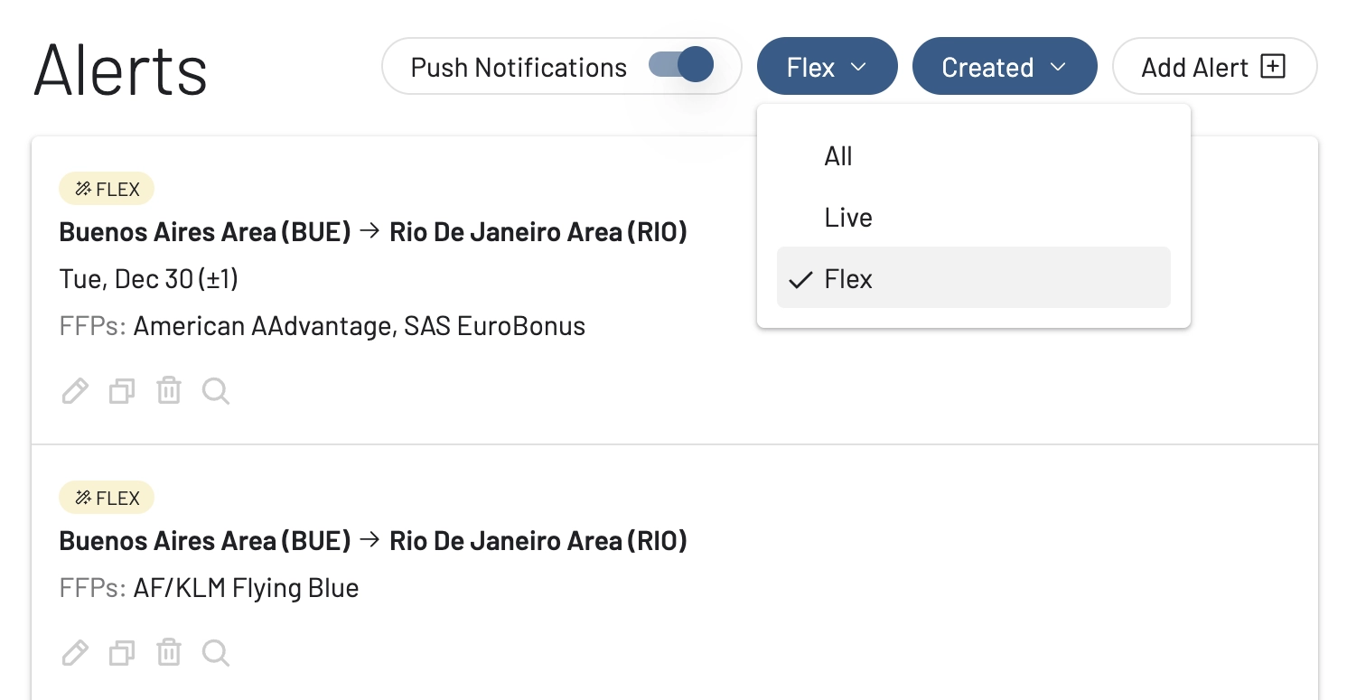 View all your Flex Alerts in AwardFares.