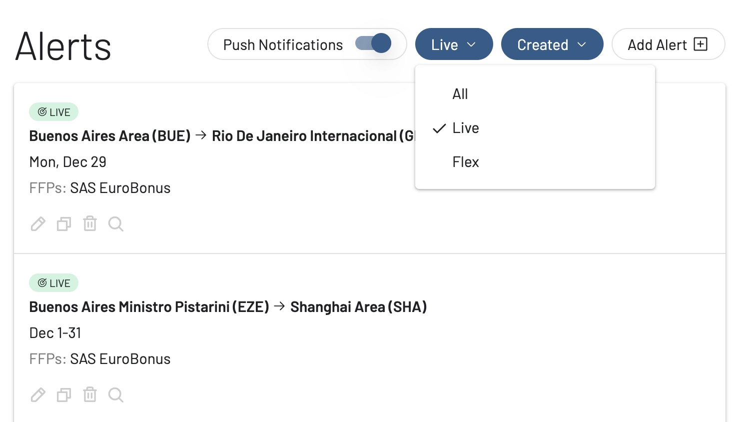 View all your Live Alerts in AwardFares.