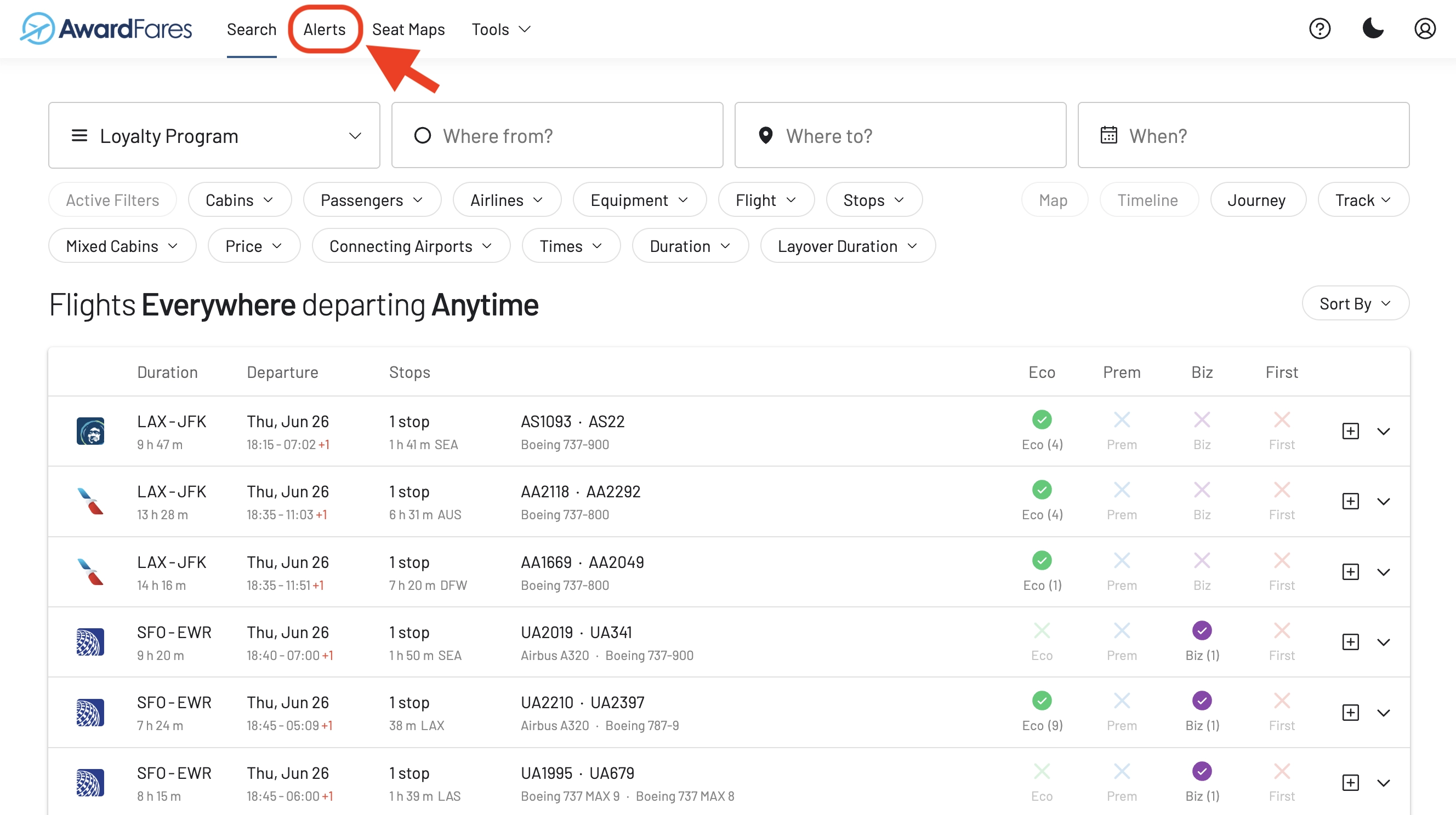 Alerts tab in AwardFares.