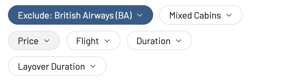 Filter award seat availability alerts excluding airline.