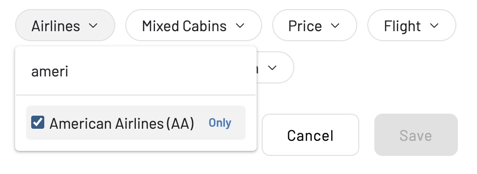 Filter award seat availability alerts by airline.