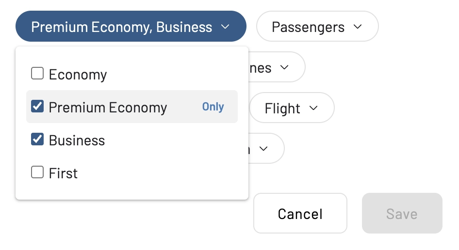 Filter award seat availability alerts by cabin class.