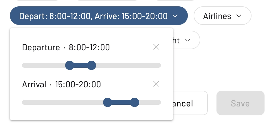 Filter award flight alerts by flight departure and arrival times.