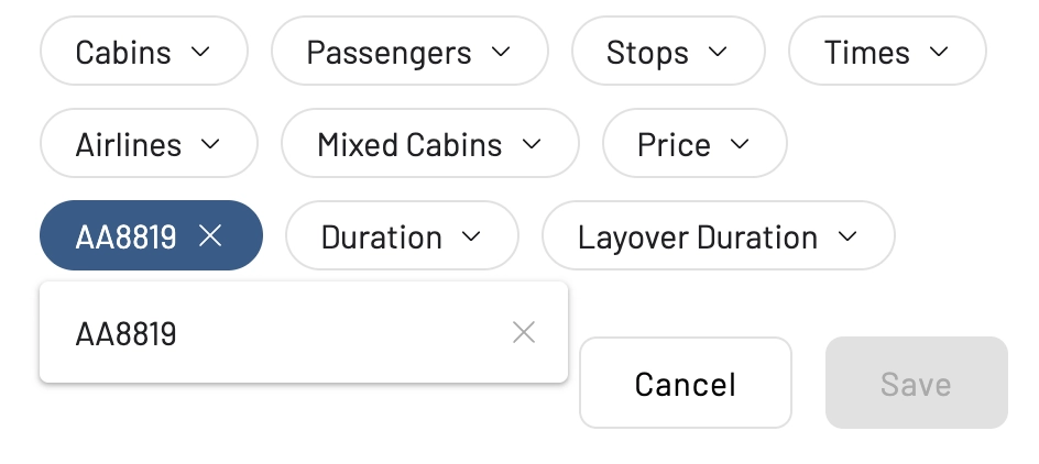 Filter award flight alerts by flight number.