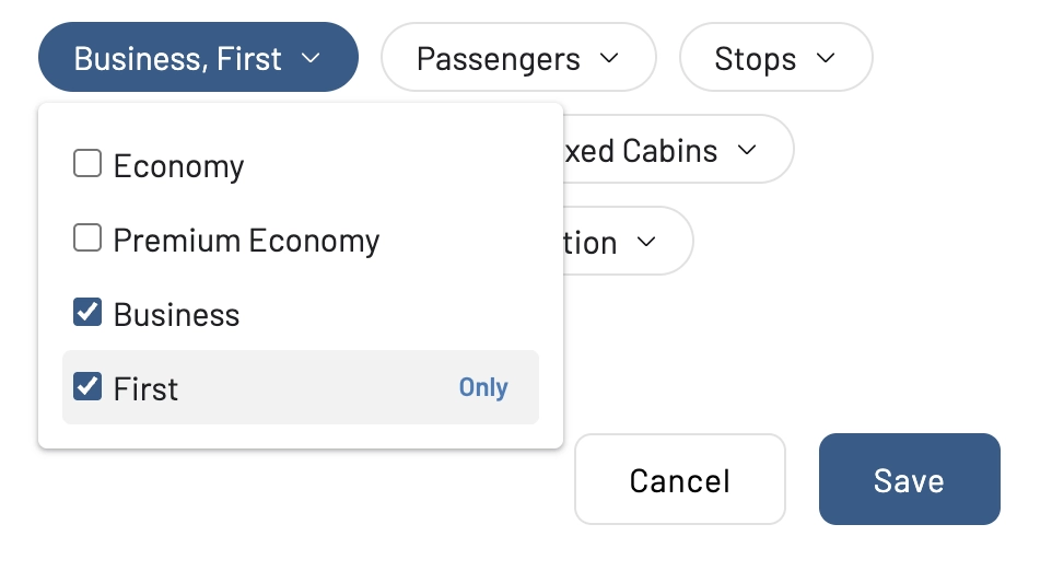 Filter availability by cabin when setting up a Flex Alert in AwardFares.