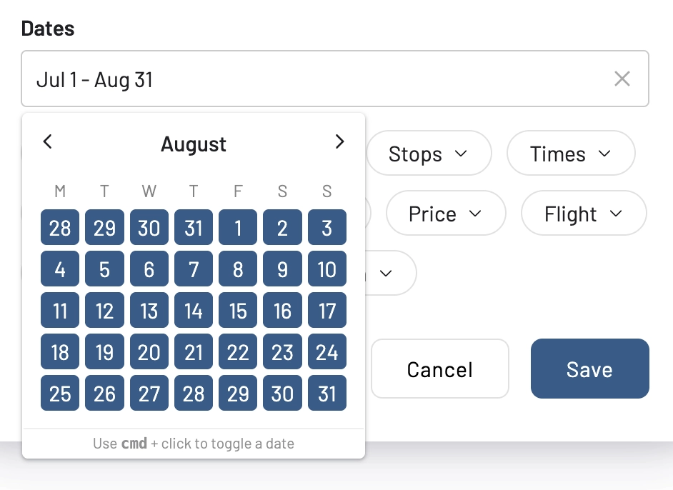 Select a date or date range when using Flex Alerts in AwardFares.