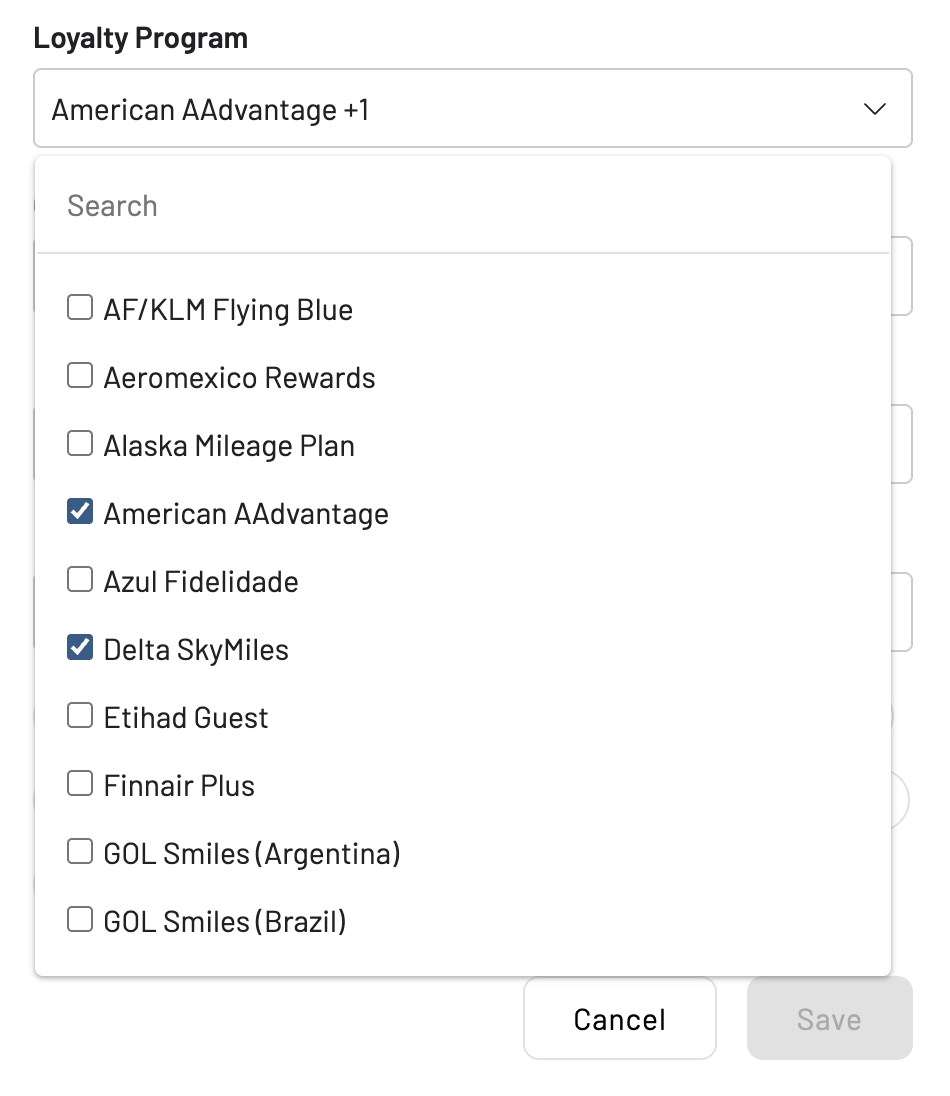Select your loyalty program when using Flex Alerts in AwardFares.