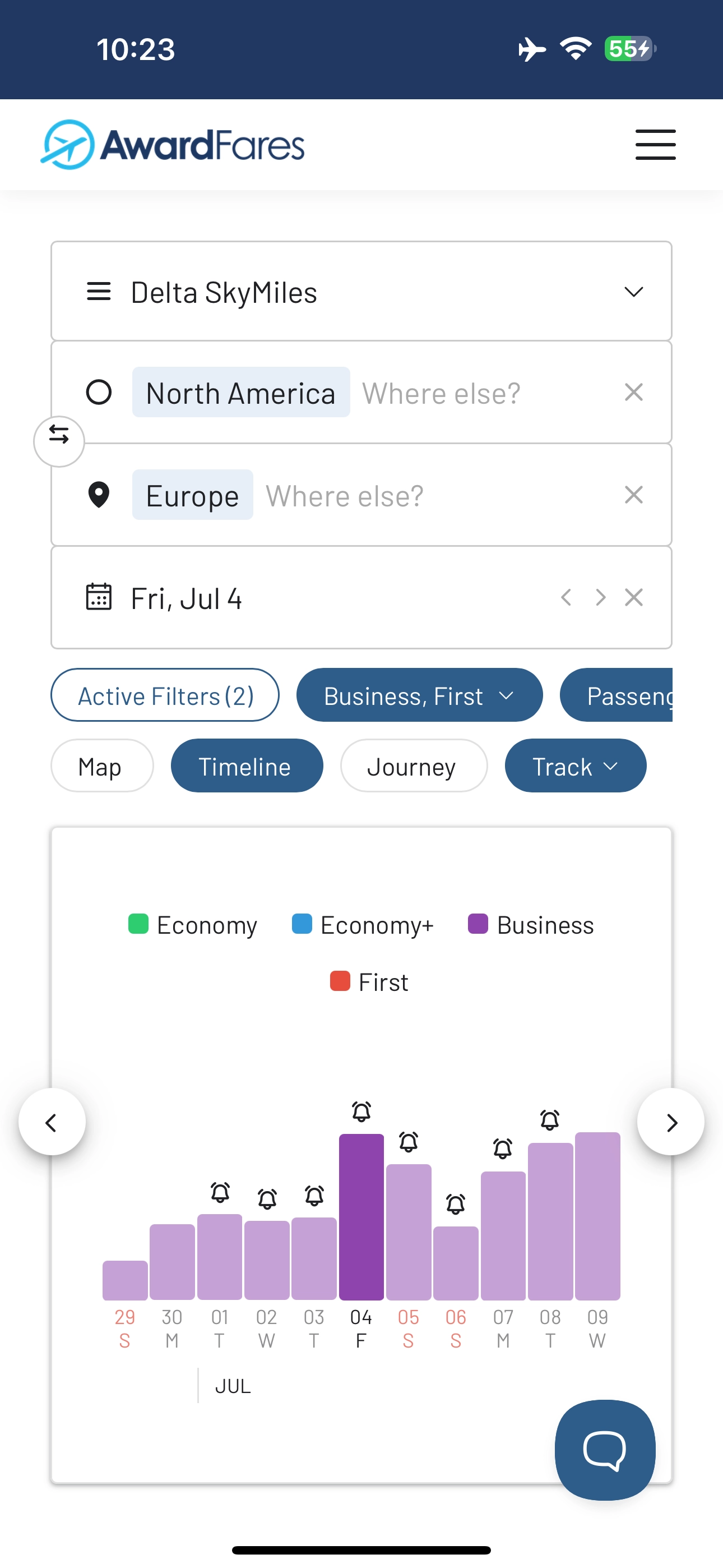 Results of an AwardFares Flex Alert.
