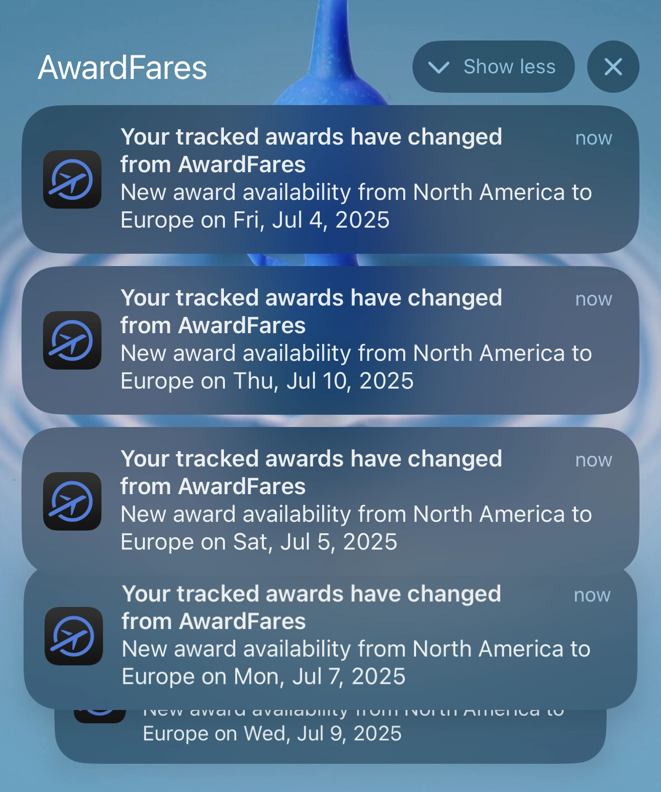 Push notification of a Flex Alert in AwardFares. Get notified when your award seat opens up and it's ready to be booked.
