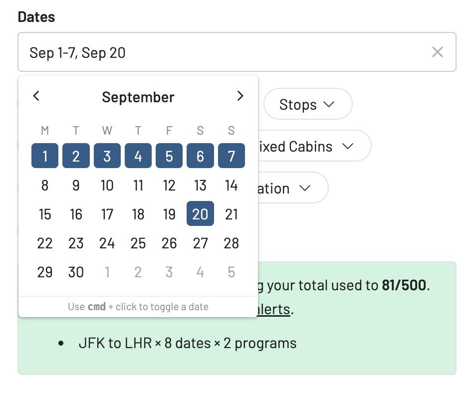 Select multiple dates and date ranges for a single award availability alert in AwardFares.