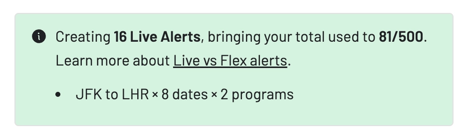 Summary of how many Live alerts will be created in AwardFares, showing the user's tier limit.