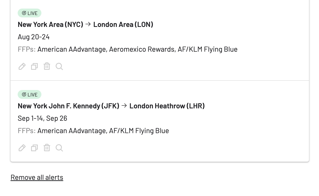 View all Live alerts created in AwardFares.