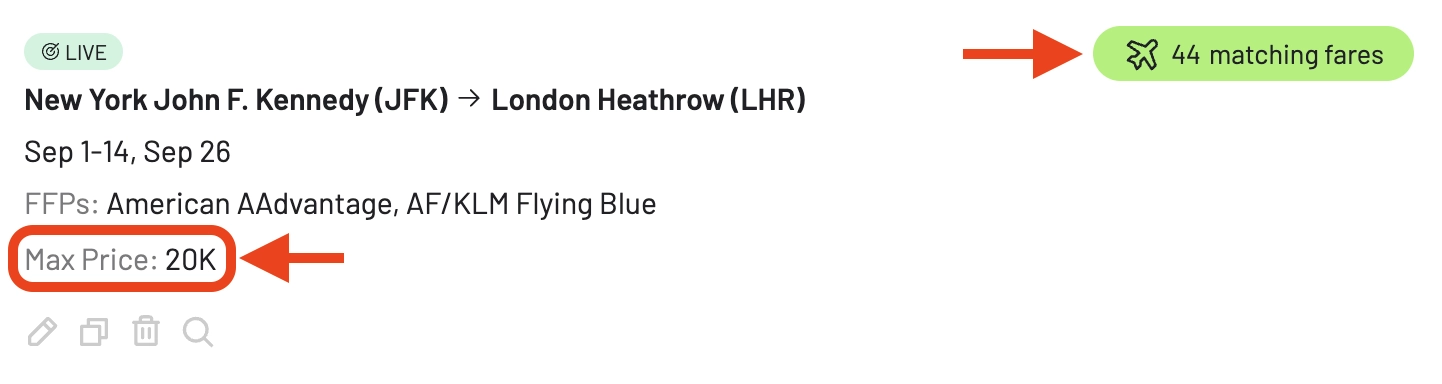 Matching fares in your award availability alerts.