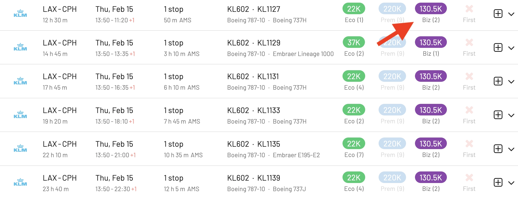 Award flights from Los Angeles to Europe using Flying Blue, maximum 135k miles (AwardFares)