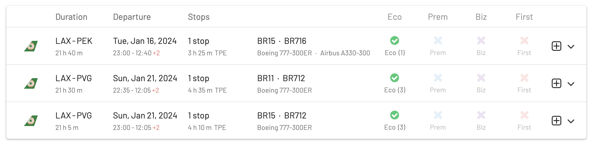 EVA Air award flights from the United States to China (AwardFares).