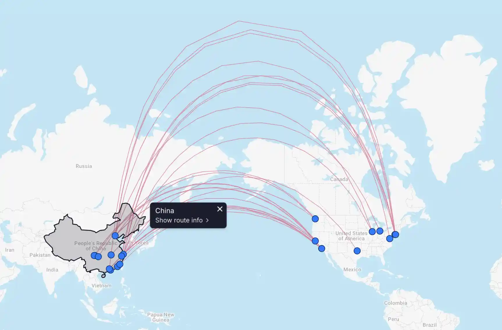 Nonstop routes between the United States and China (FlightConnections).